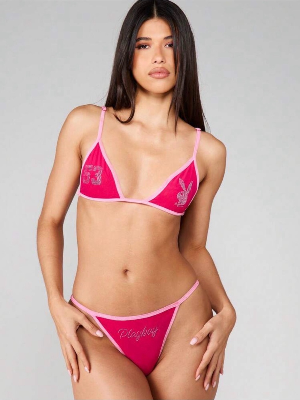 PLAYBOY Bright Pink Triangle Bralette & Bikini Thong Set